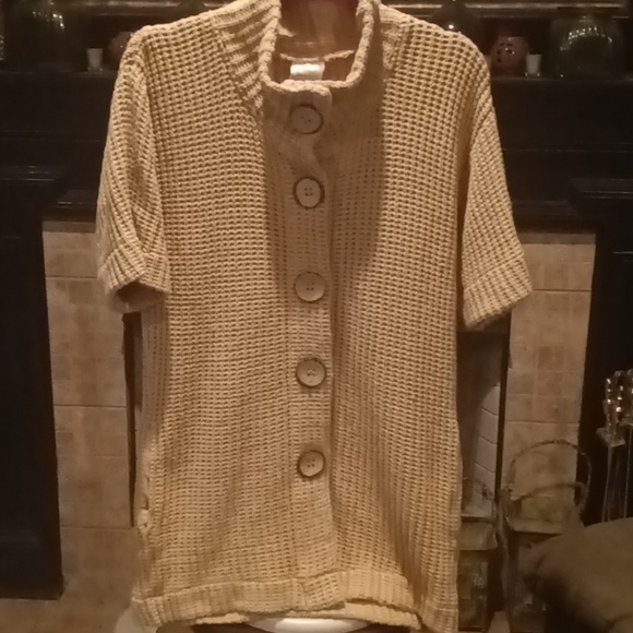 NWOT C•M•C 100% cotton tan s/s cardigan w side pockets & 5 big buttons Sm - Picture 4 of 12